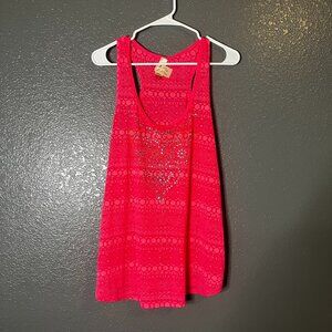 Women’s Pink Aztec Sheer Racerback Tank Top Rhinestone Heart No Boundaries XXL